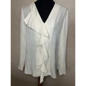 Theory "Jastrid" 100% silk Ivory ruffle front V neck pullover blouse Top Small